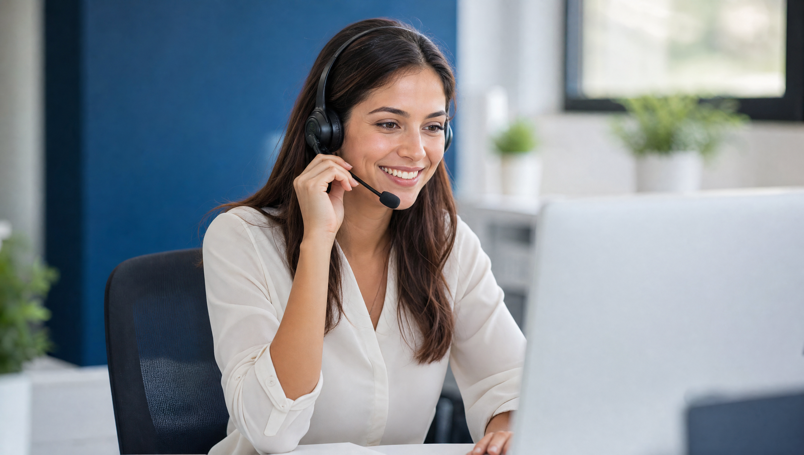 Friendly customer service representative wearing a headset at a modern desk